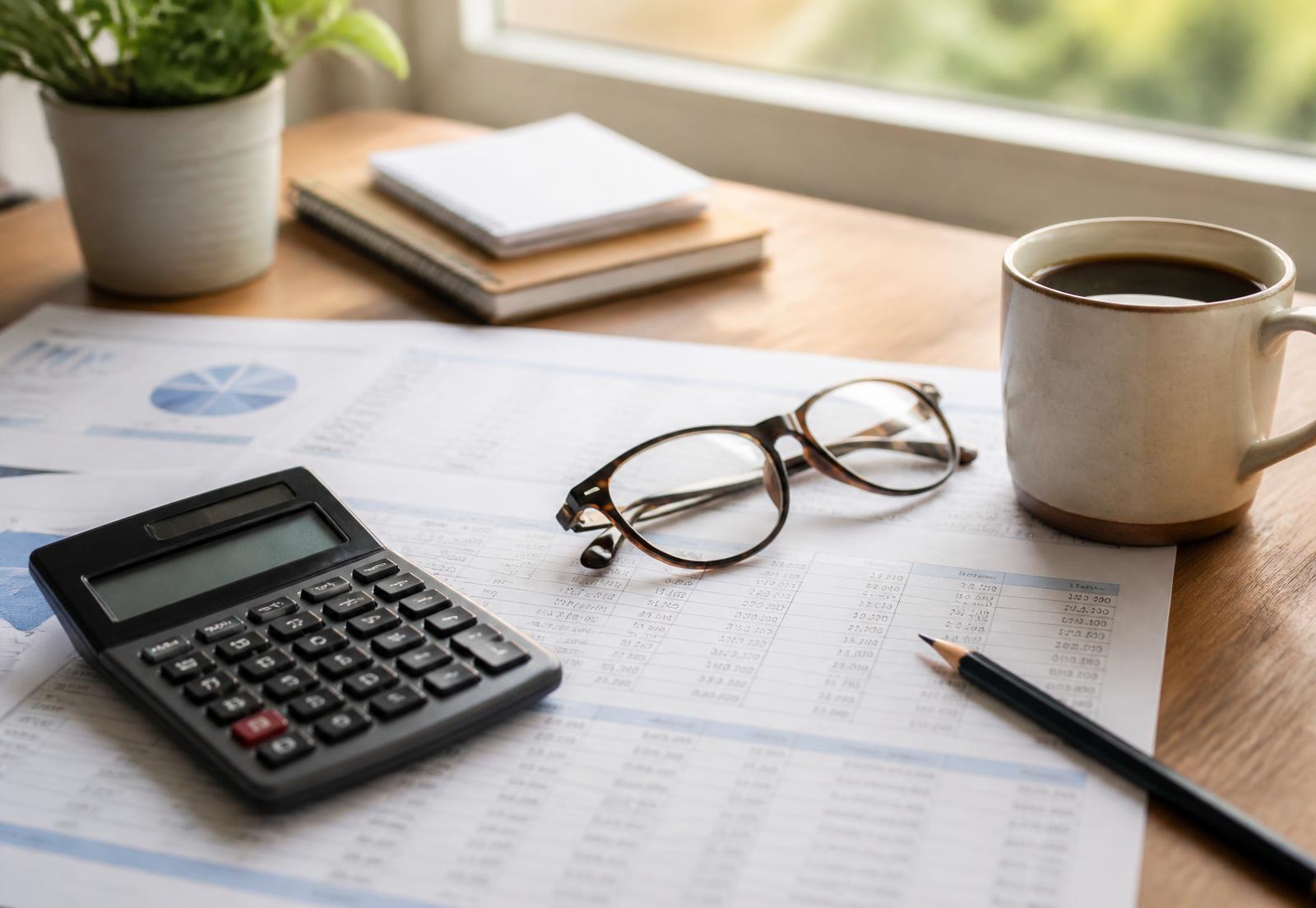 Budget spreadsheets, a calculator and reading glasses on a desk