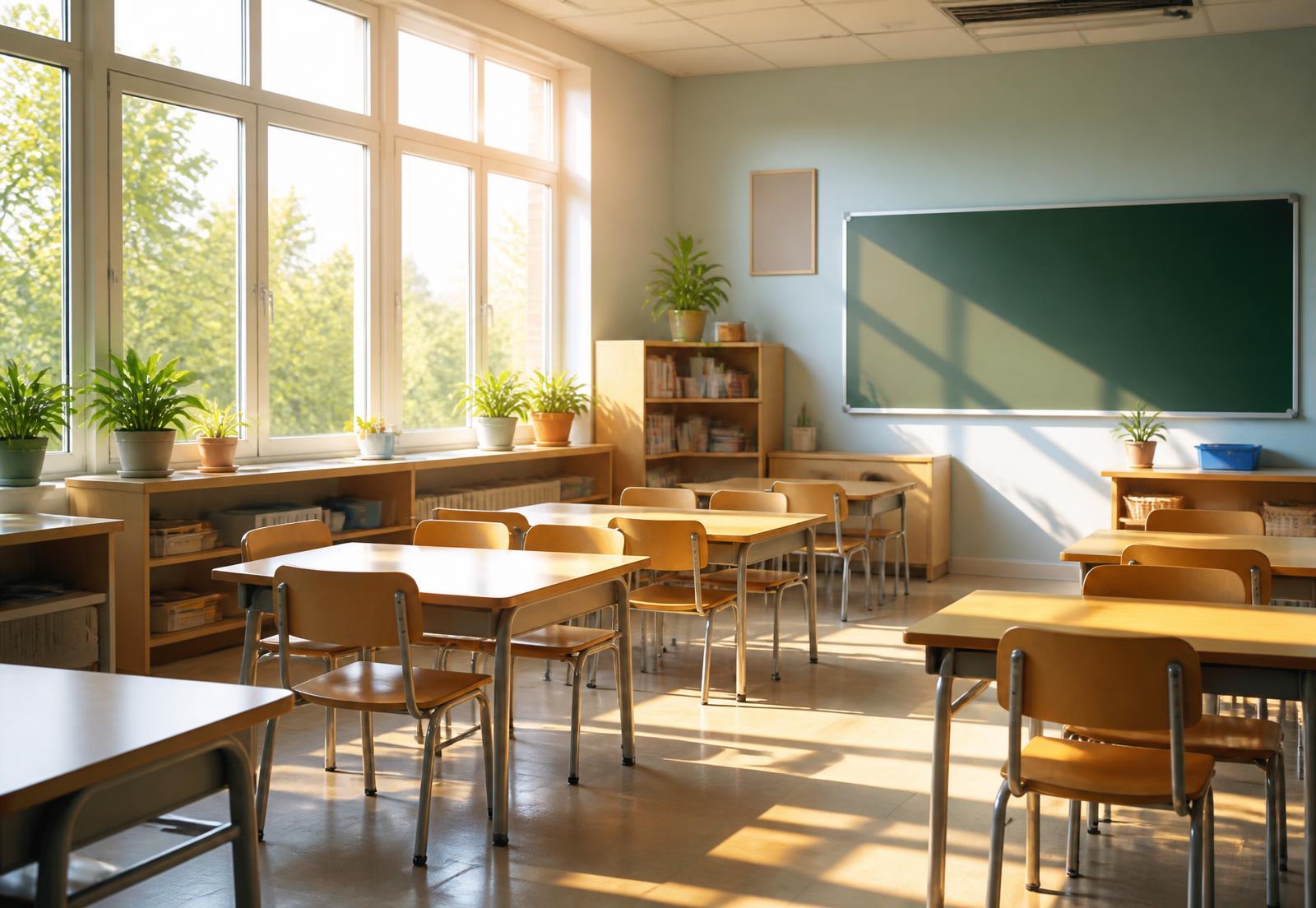 An empty classroom in early morning light