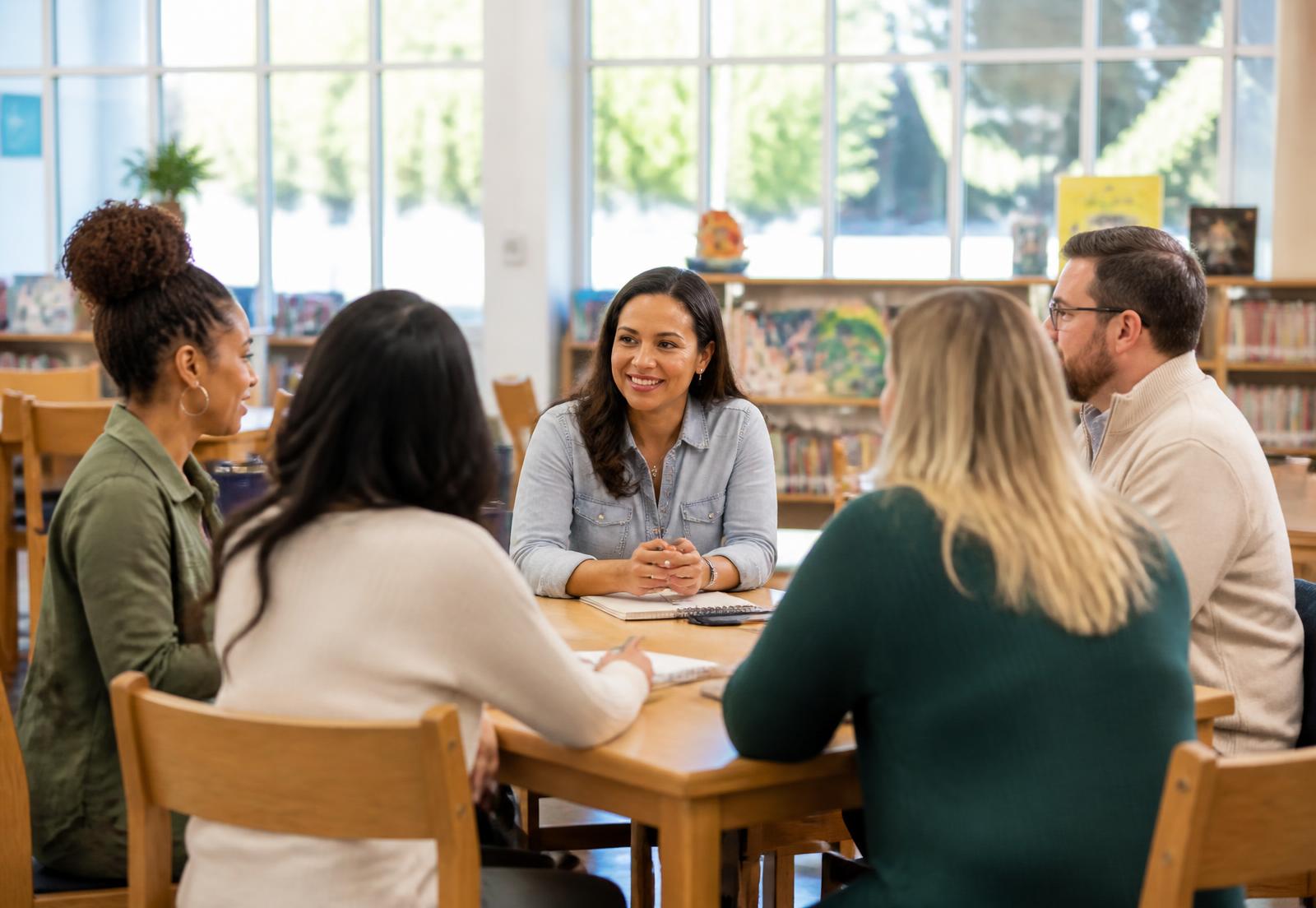 Parents meeting around a table in a bright school library