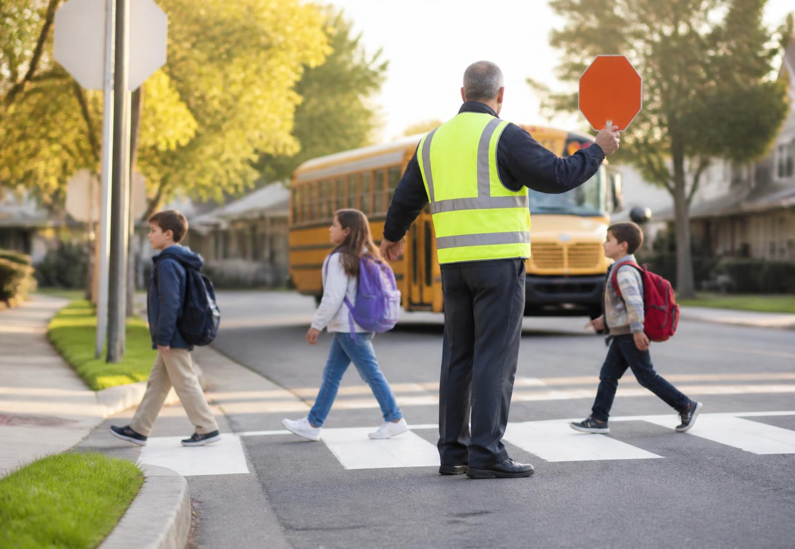 A crossing guard helping students cross near a school