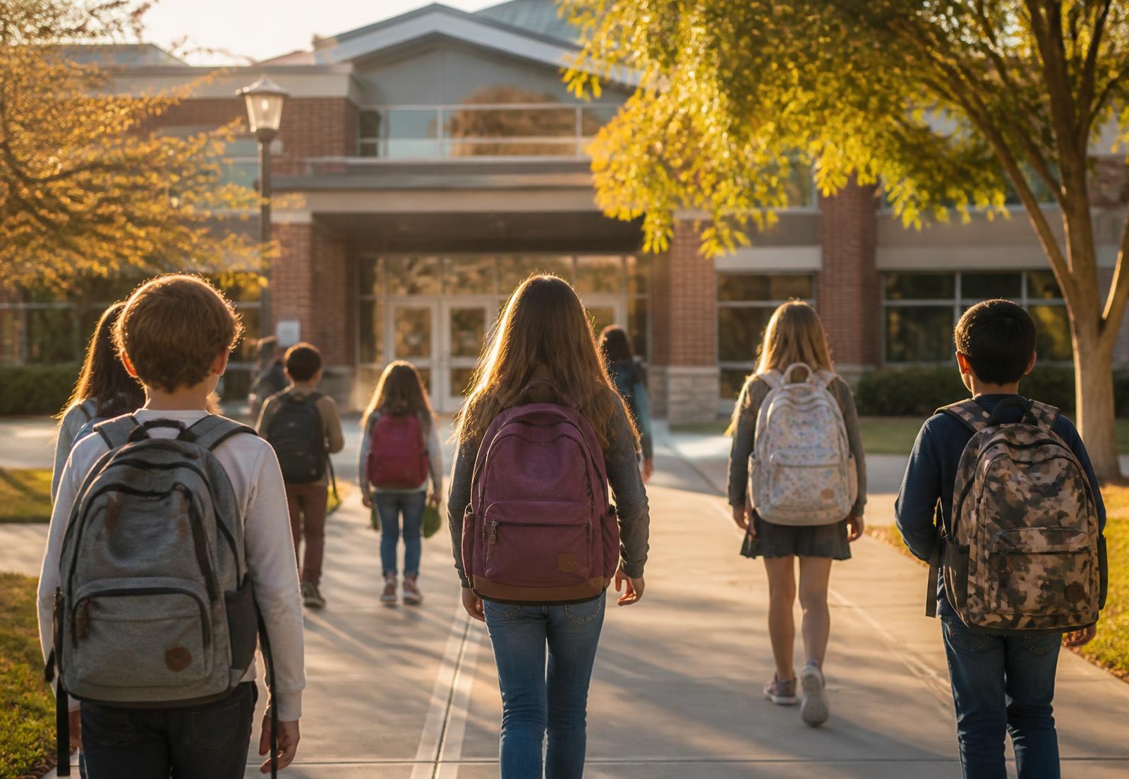 Students walking toward a school entrance in morning light