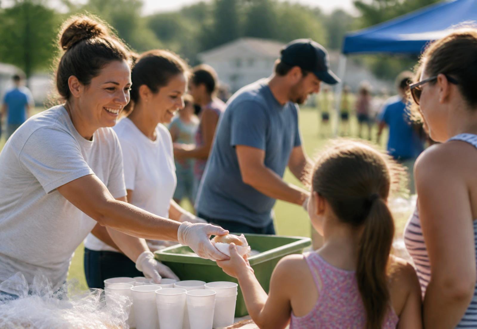 Volunteers serving families at a community event